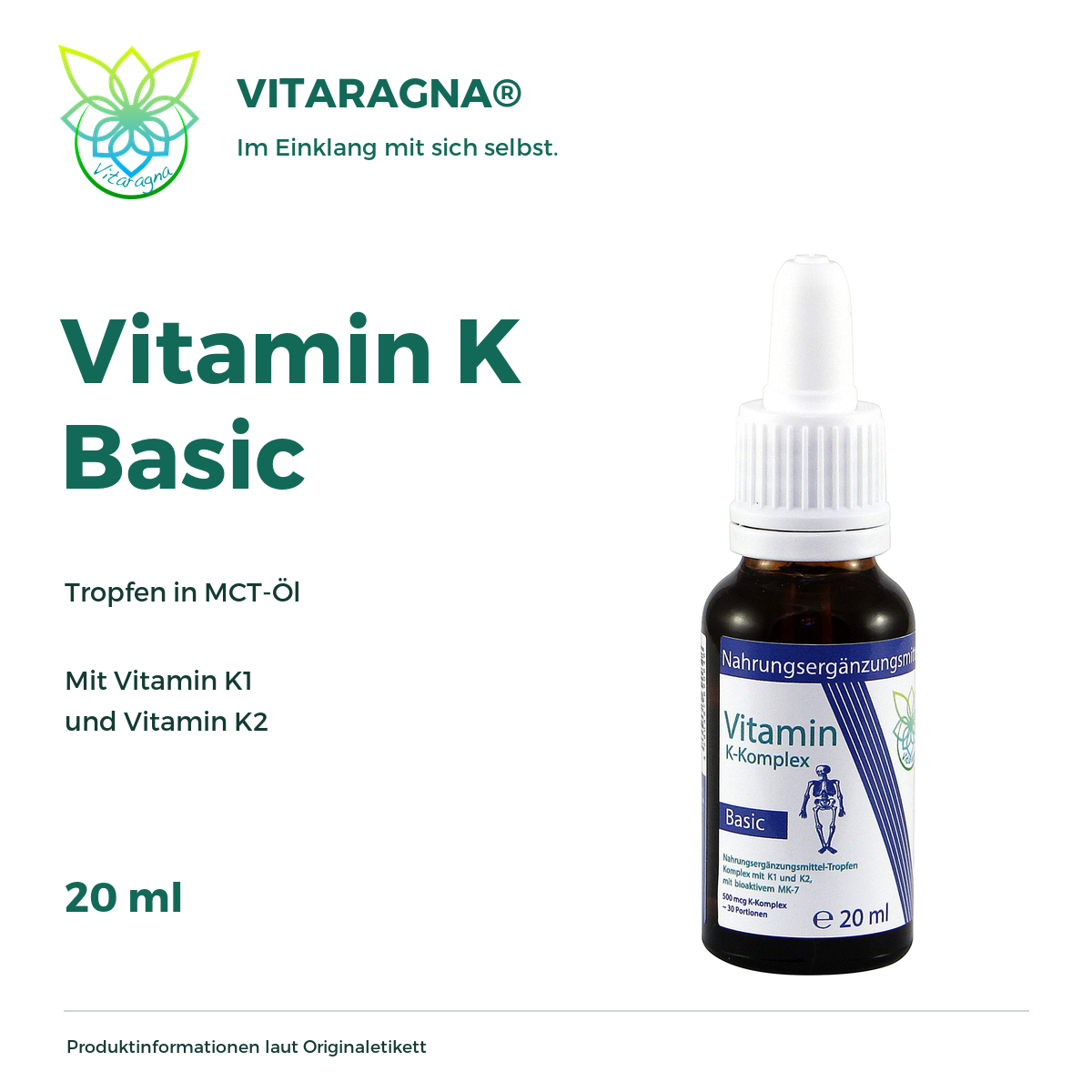 VITARAGNA® Vitamin K Basic Tropfen flüssig, K1 und K2 - Menaquinon MK7, hochdosiertes Liquid in MCT-Öl gelöst und bioaktiver MK-7-Form 20ml mit 500 mcg K-Komplex x 30 Portionen – Bild 2