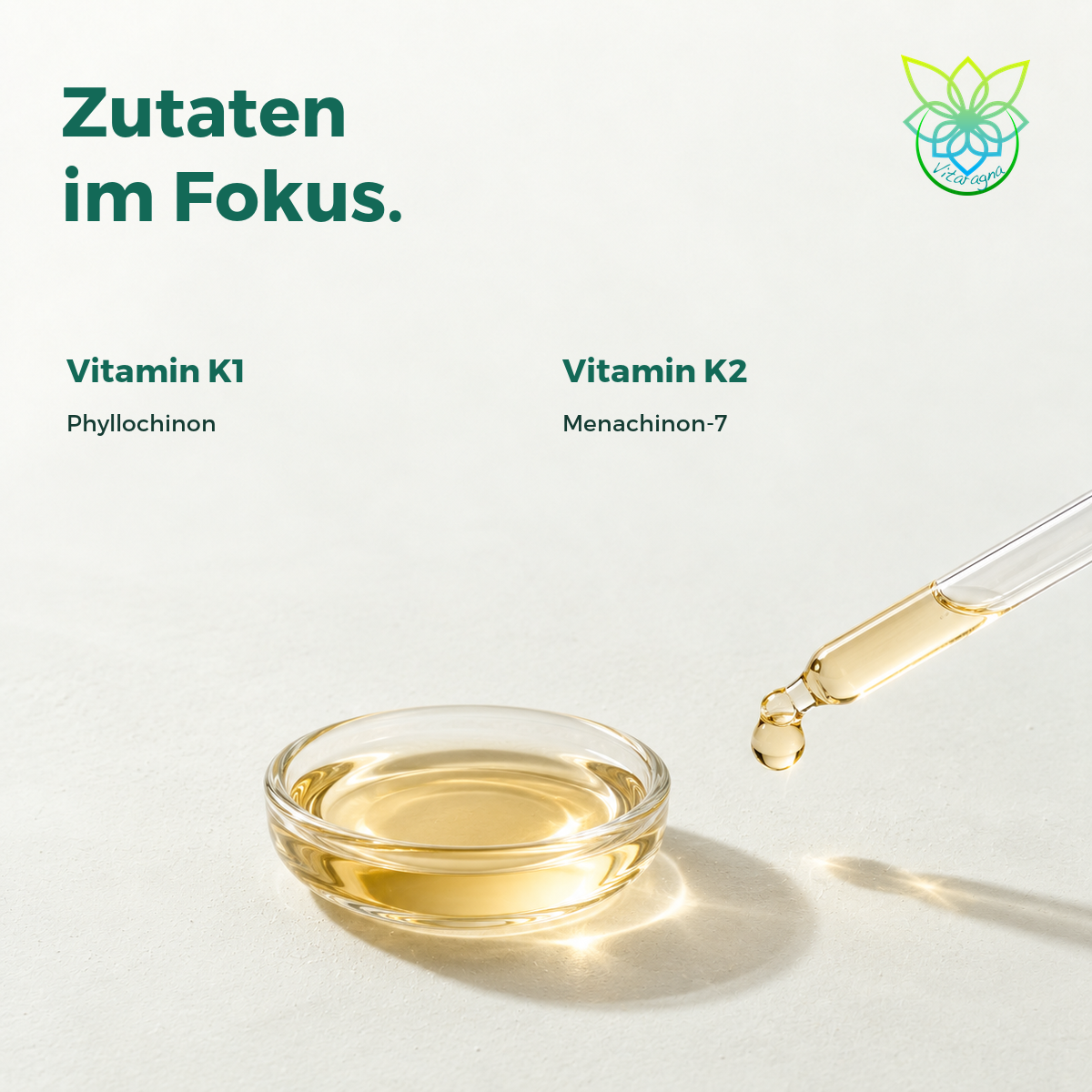VITARAGNA® Vitamin K Basic Tropfen flüssig, K1 und K2 - Menaquinon MK7, hochdosiertes Liquid in MCT-Öl gelöst und bioaktiver MK-7-Form 20ml mit 500 mcg K-Komplex x 30 Portionen – Bild 3