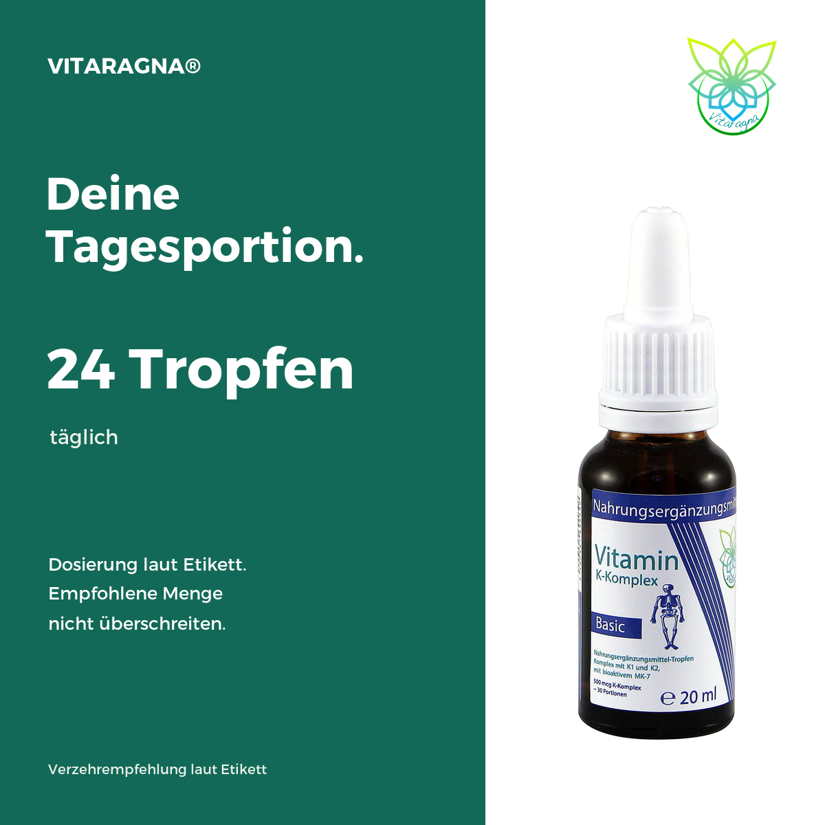 VITARAGNA® Vitamin K Basic Tropfen flüssig, K1 und K2 - Menaquinon MK7, hochdosiertes Liquid in MCT-Öl gelöst und bioaktiver MK-7-Form 20ml mit 500 mcg K-Komplex x 30 Portionen – Bild 4